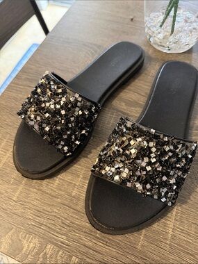 Embellished Black Slide Sandals with Sparkle Strap